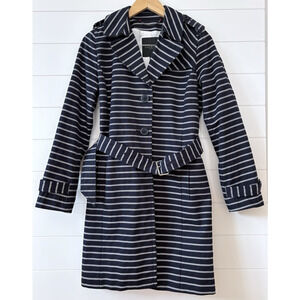 Talbots Petite S Striped Belted Trench Coat Cotton Nautical Navy Blue White